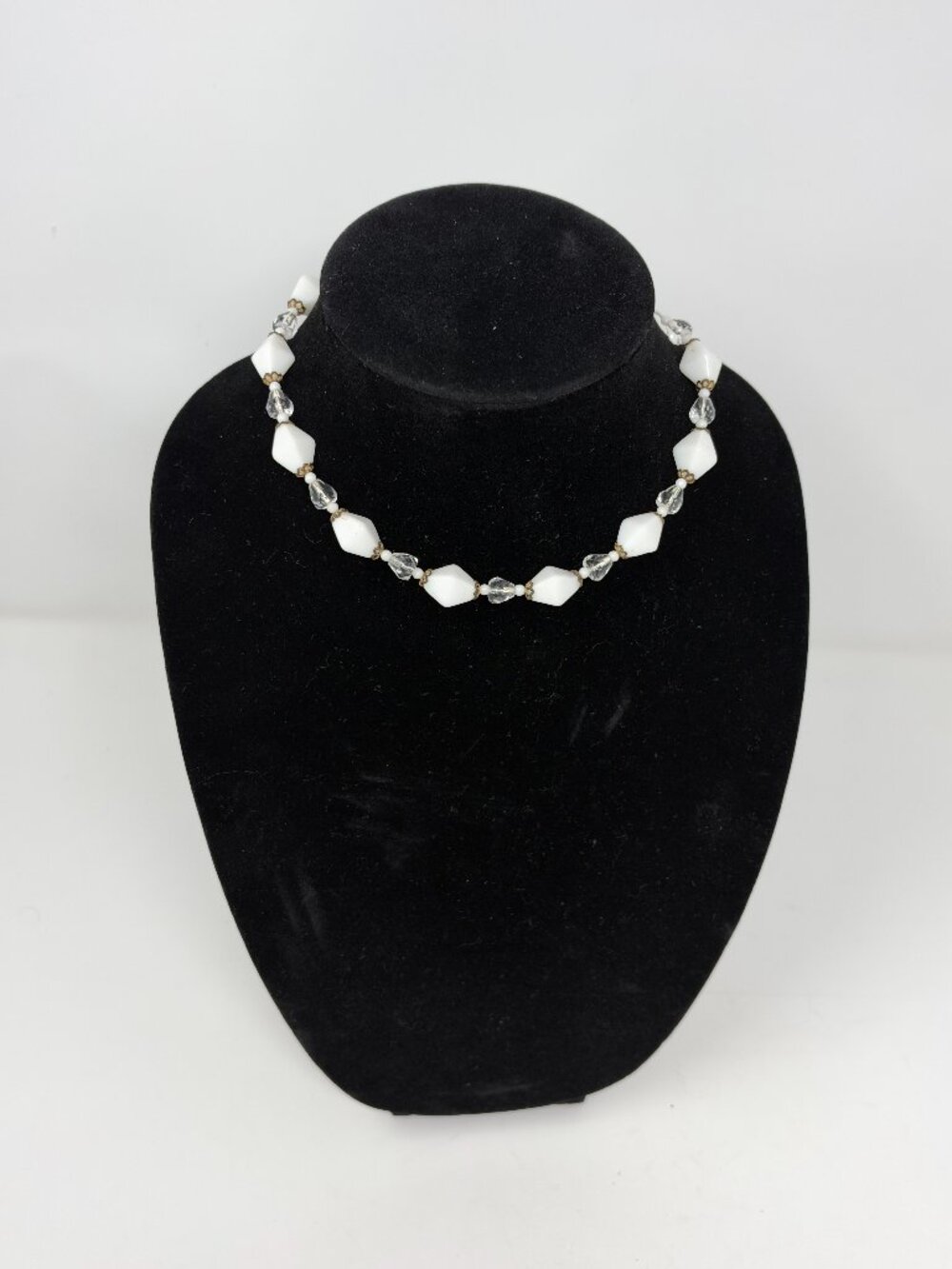 Vintage West Germany White Milk Glass Crystal Bead Choker Necklace 1950s Bridal